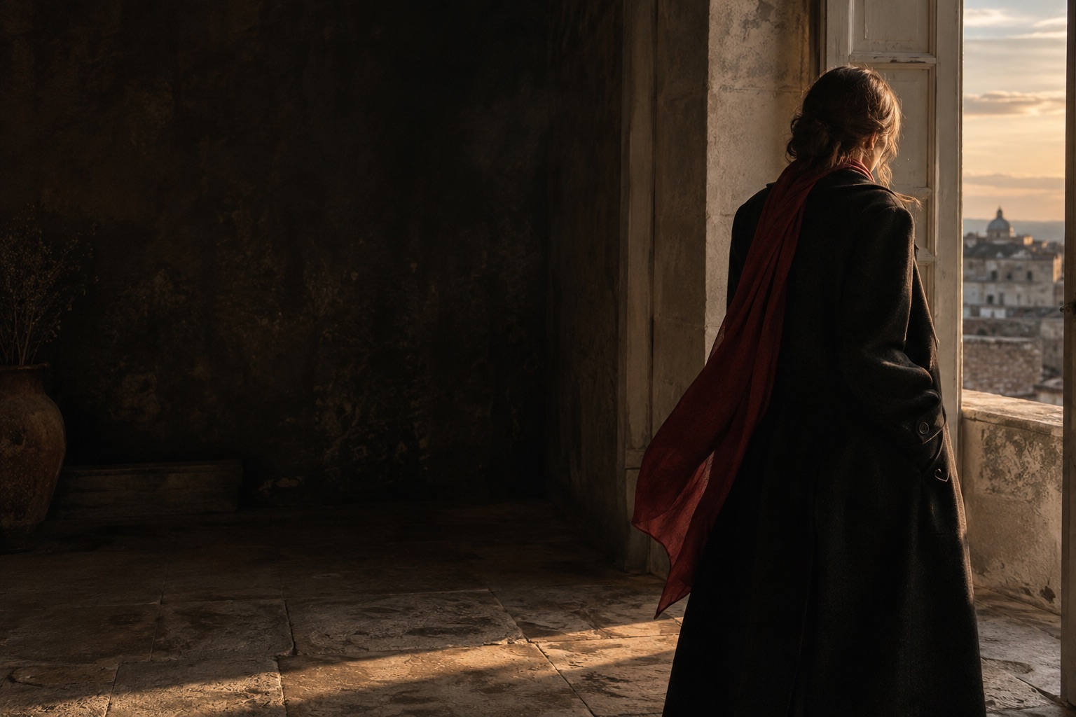 A figure in dark tailoring turning toward the light, a burgundy scarf caught in the air